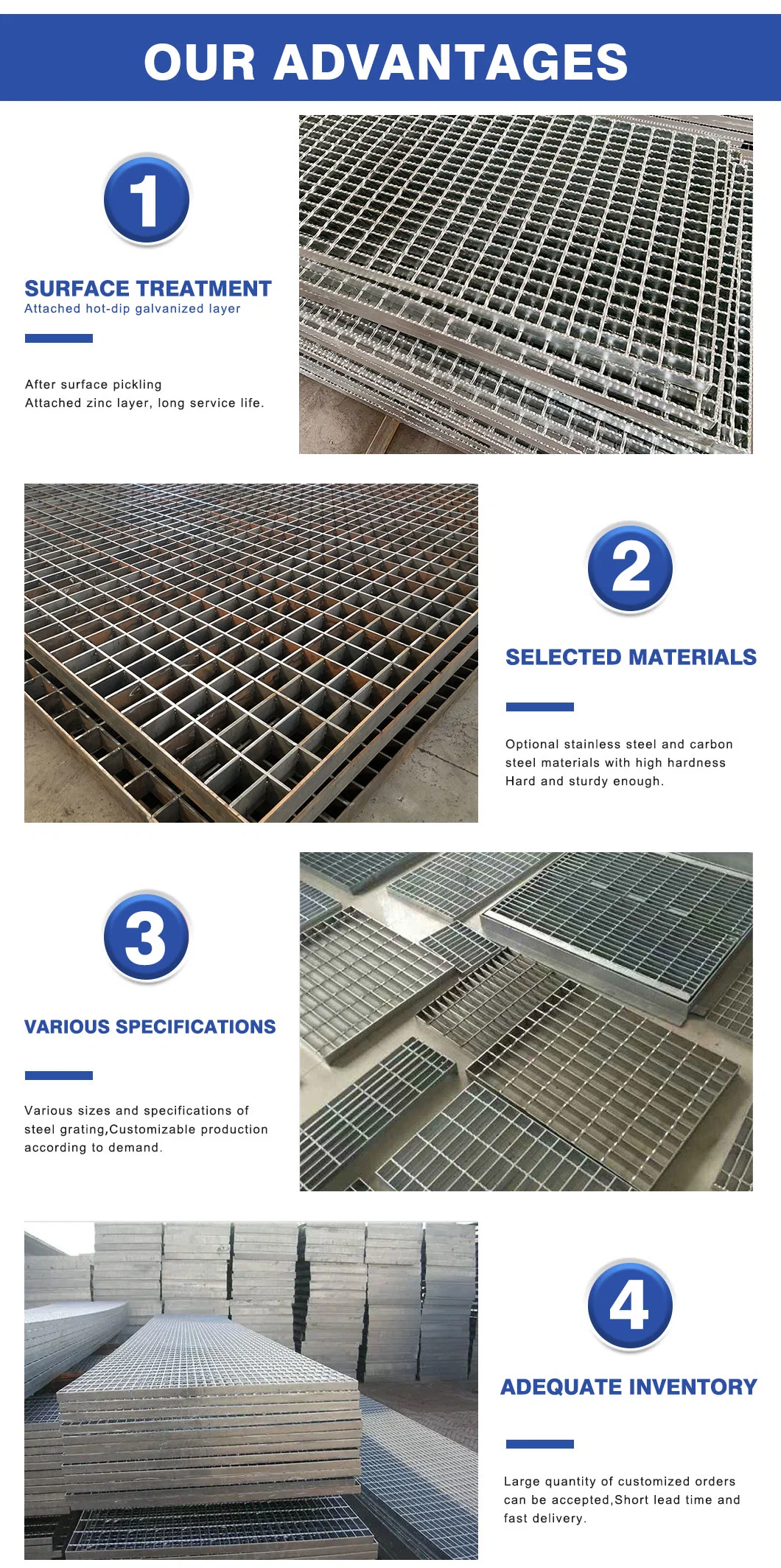 OEM ปรับแต่ง Hot Dip Galvanized Plain / Serrated Steel Grating สําหรับทางเดินบนแพลตฟอร์ม / ผ้าคลุมระบายน้ํา 1
